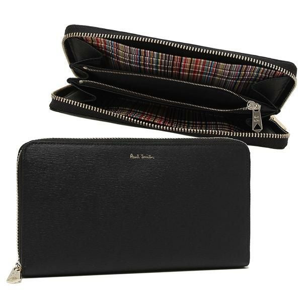 ポールスミス 長財布　マルチストライプ　ロゴプリント　ラウンドファスナー　黒 Paul Smithポールスミス 長財布ラウンドファスナー レザー本革