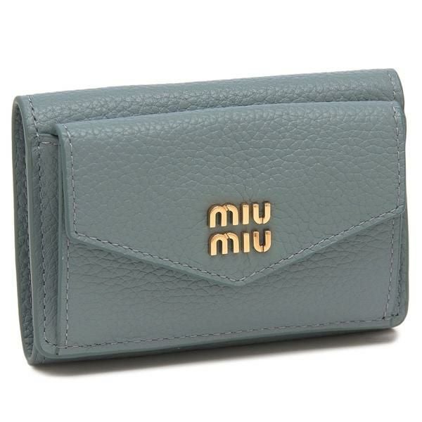 MIUMIU ミュウミュウ 5MH021 コンパクトウォレット ロゴ レザー 三つ折り財布 ブルー レディース ミュウミュウ 三つ折り財布 メタルロゴ ミニ財布 ブルー レディース