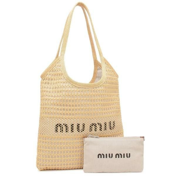 ミュウミュウ トートバッグ ポーチ付き ラフィア風 ベージュ