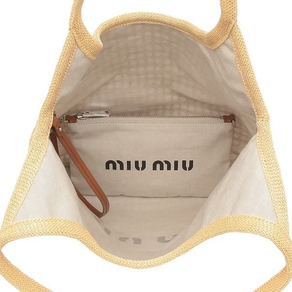 MIU MIU ベージュ ハンドバッグ ミュウミュウ レテ」ロゴ入りクロシェバッグ＆サンドベージュの