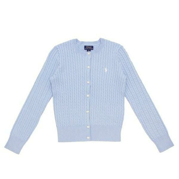 Polo Ralph Lauren ライトブルー ケーブルニット カーディガン POLO RALPH LAUREN (ポロラルフローレン) ロゴ ケーブルニット クルー