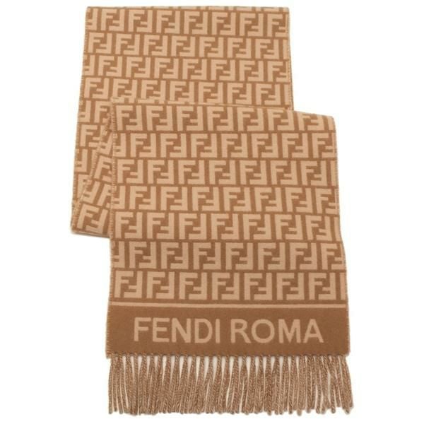 FENDI キャメル ロゴマフラー フリンジ付き フェンディ FENDI マフラー フリンジ FFロゴ ベージュ レディース