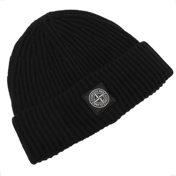ストーンアイランド ニット帽 ビーニー リブ編み ロゴパッチ ブラック