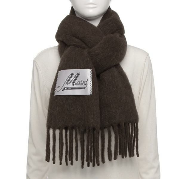 マルニ マフラー ロゴラベル フリンジ 大判 ストール ブラック
